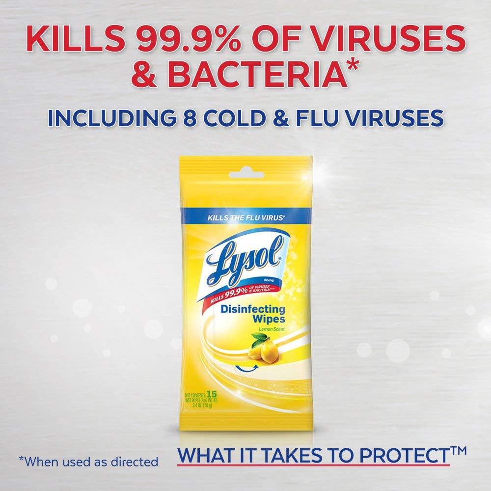 Lysol Disinfecting Wipes, On the Go Travel Size, Lemon Scent, 15ct each, 48 Pack