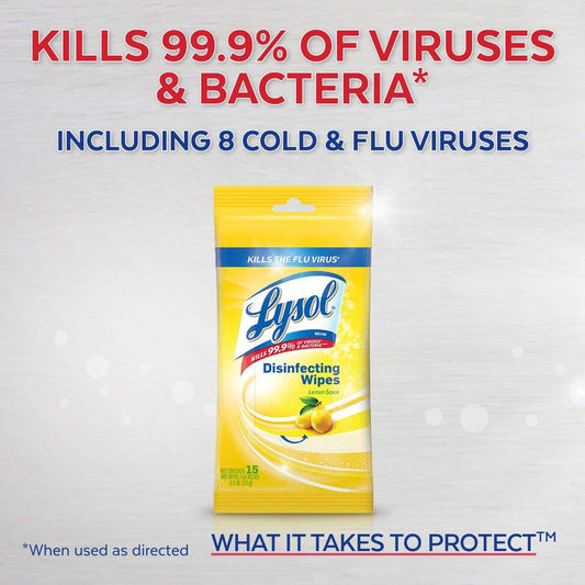 Lysol Disinfecting Wipes, On the Go Travel Size, Lemon Scent, 15ct each, 48 Pack