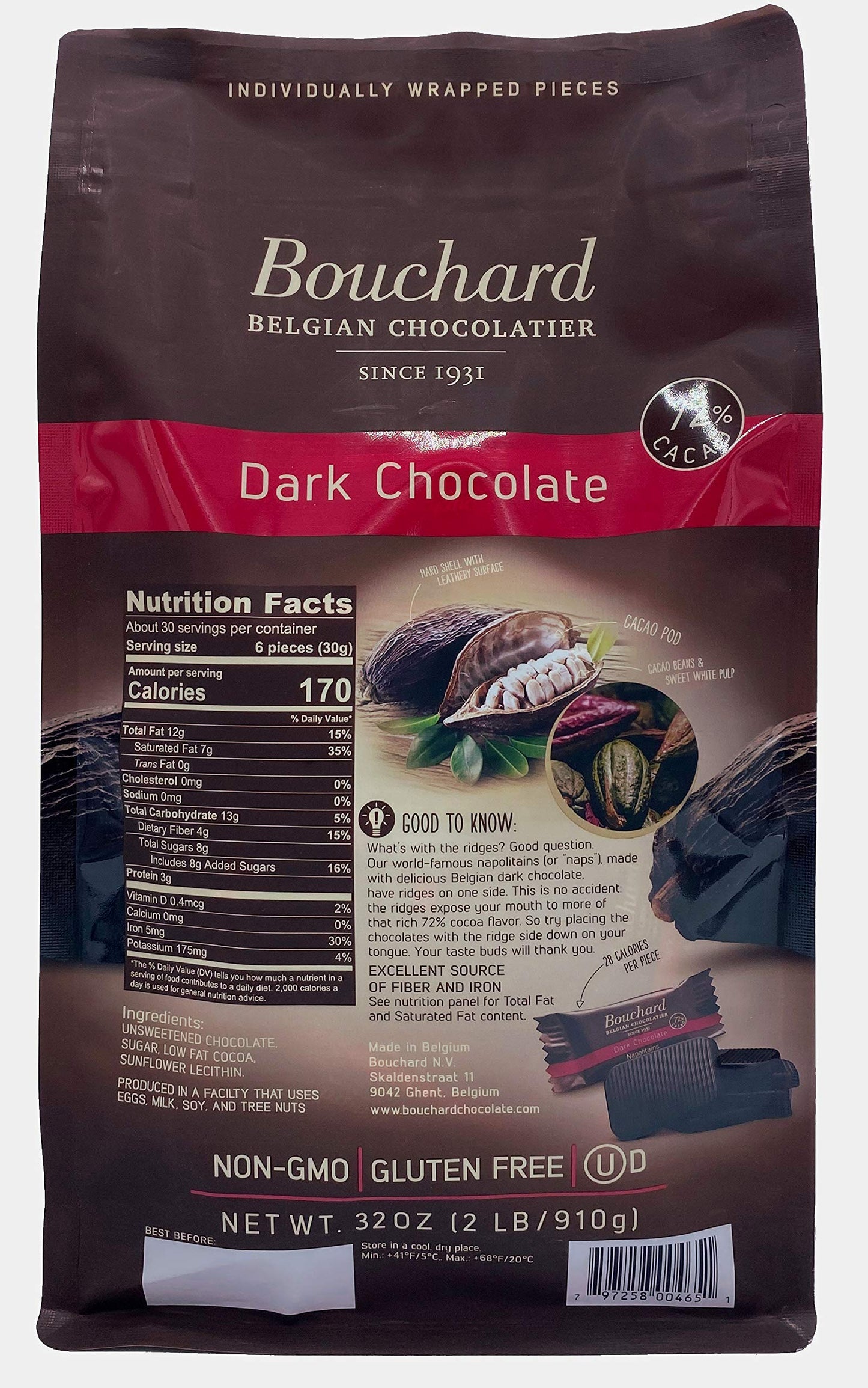 Bouchard Premium Belgian Dark Chocolate with 72% Cacao | Individually Wrapped Pieces (2 LB)