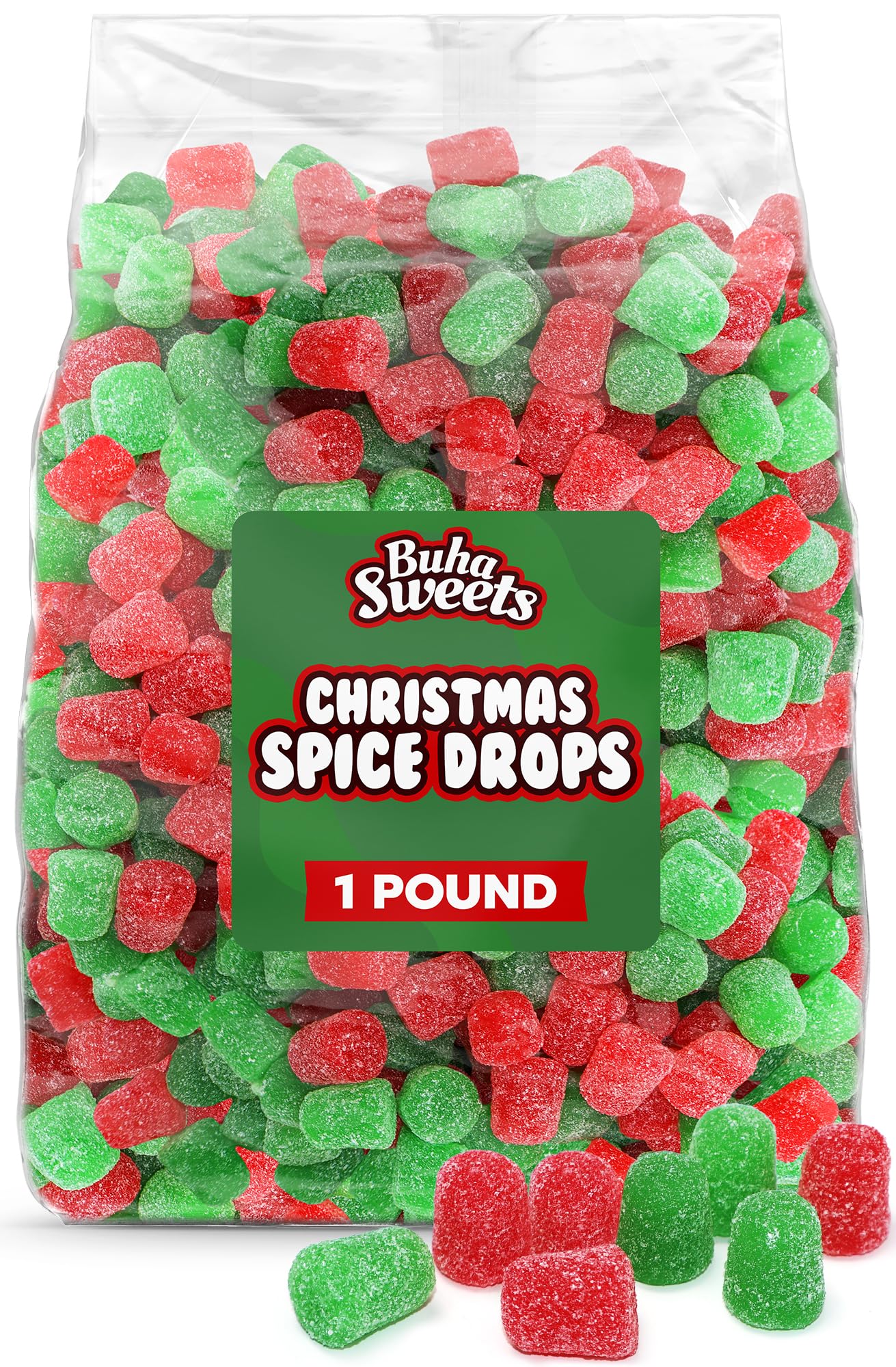 Bulk Christmas Spice Drops Candy - 1 Pound Red & Green Cinnamon & Wintergreen Gumdrops Jelly with Sweet Sugar Coating, Classic Holiday Candy for Baking, Decorating & Snacks - Festive Bulk Christmas Treats